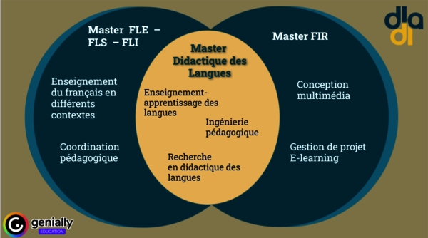 Le schéma illustre les passerelles entre trois masters complémentaires :  Master FLE-FLS-FLI : centré sur l'enseignement du français langue étrangère (FLE), langue seconde (FLS) ou d'intégration (FLI), et la coordination pédagogique. Master FIR : axé sur les technologies de l'information et de la communication pour l'enseignement, avec des compétences en conception multimédia, gestion de projet et apprentissage en ligne. Master Didactique des Langues : cœur du dispositif, il englobe l'enseignement-apprentissage des langues, l'ingénierie pédagogique et la recherche en didactique.